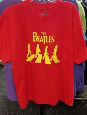 The Beatles Red Tee with Yellow Abbey Road Graphic